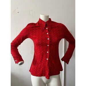 Vintage Michel Comte French red yellow blue candy corn long sleeve blouse Small